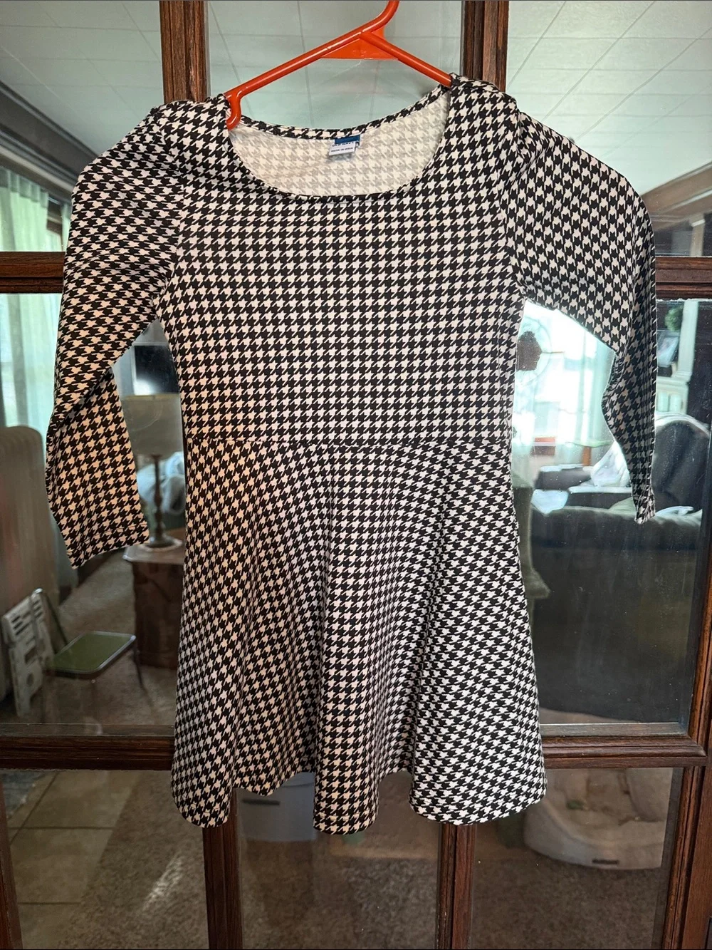 Old Navy Kid Black White Houndstooth Long Sleeve Fit Flare Pocket Dress XS 5 NWT